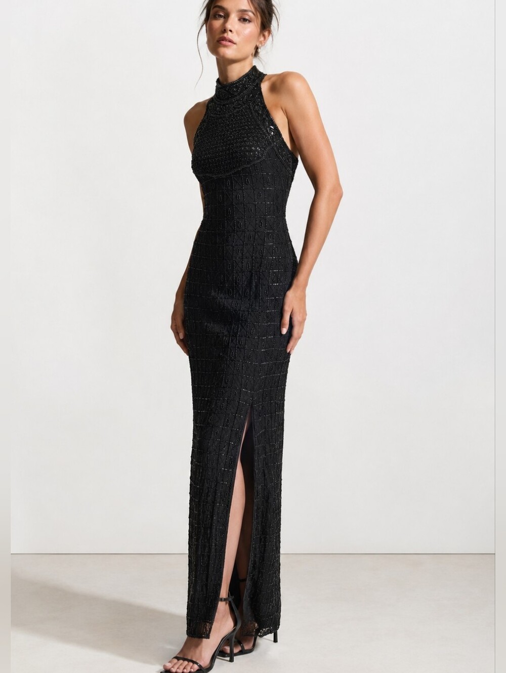Adrianna Papell Evening Black Silk Beaded Sequin Halter Maxi Dress Size 10 - Picture 2 of 9